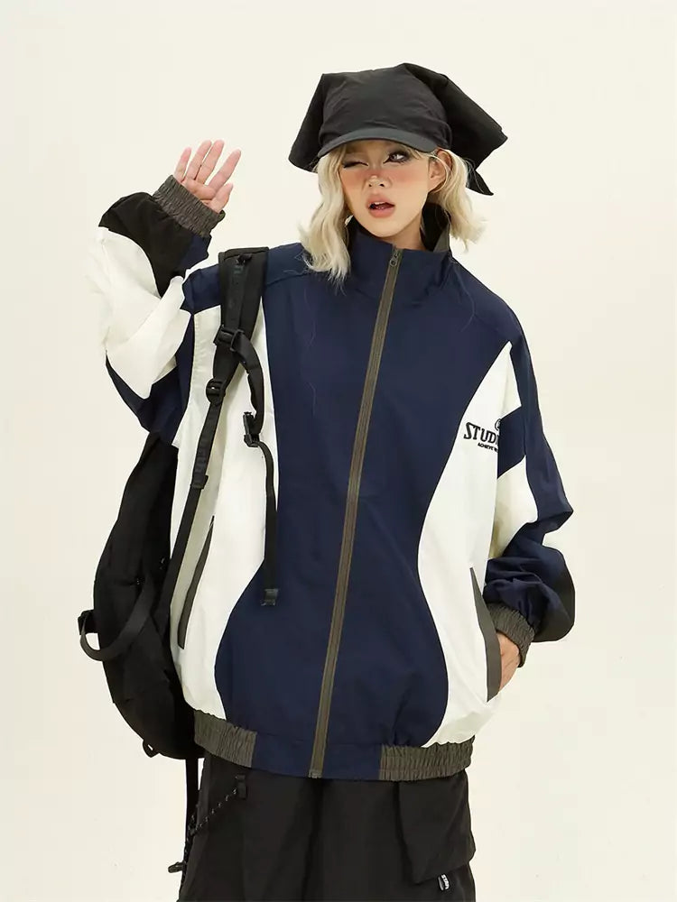 Retro Streetwear Damen Windbreaker-Jacke mit Farbblockmuster