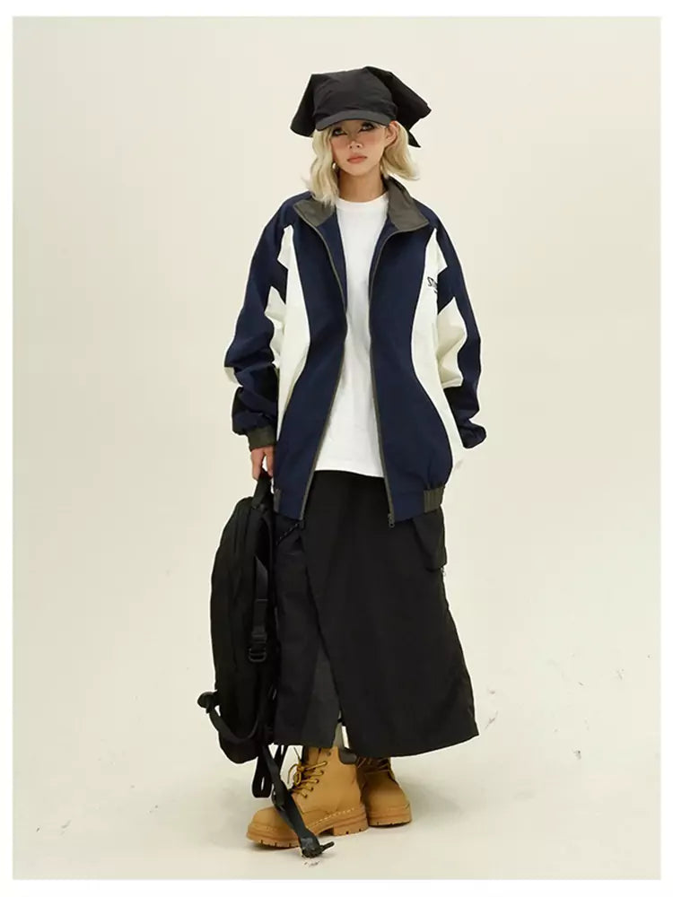 Retro Streetwear Damen Windbreaker-Jacke mit Farbblockmuster