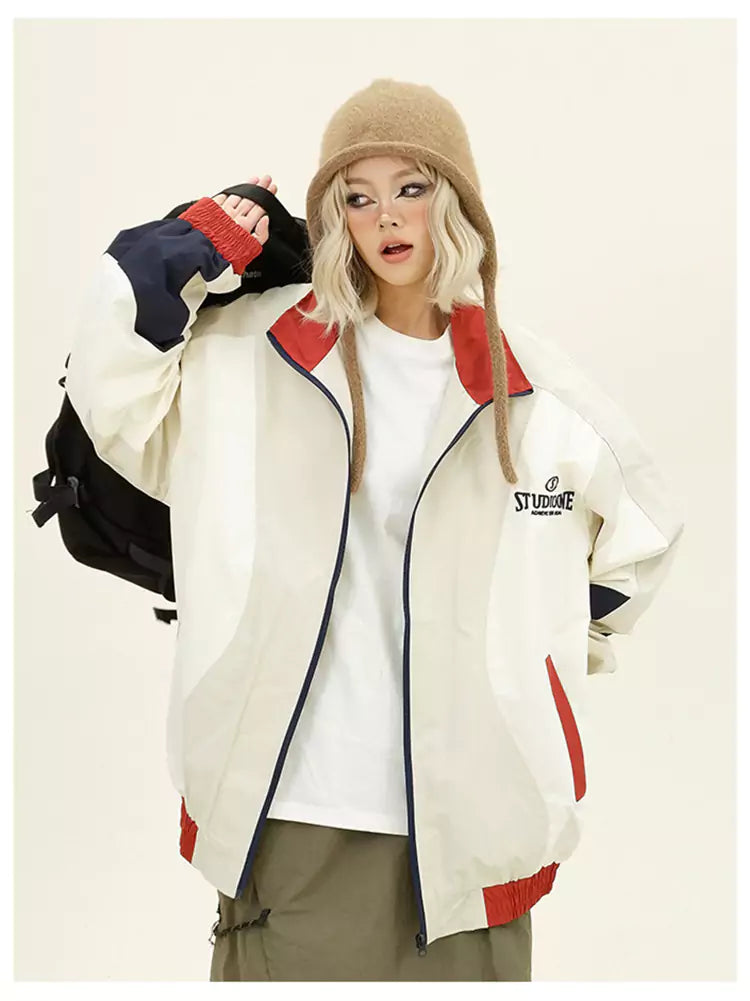 Retro Streetwear Damen Windbreaker-Jacke mit Farbblockmuster