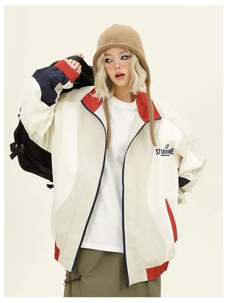 Retro Streetwear Women's Color-Blocked Windbreaker Jacket