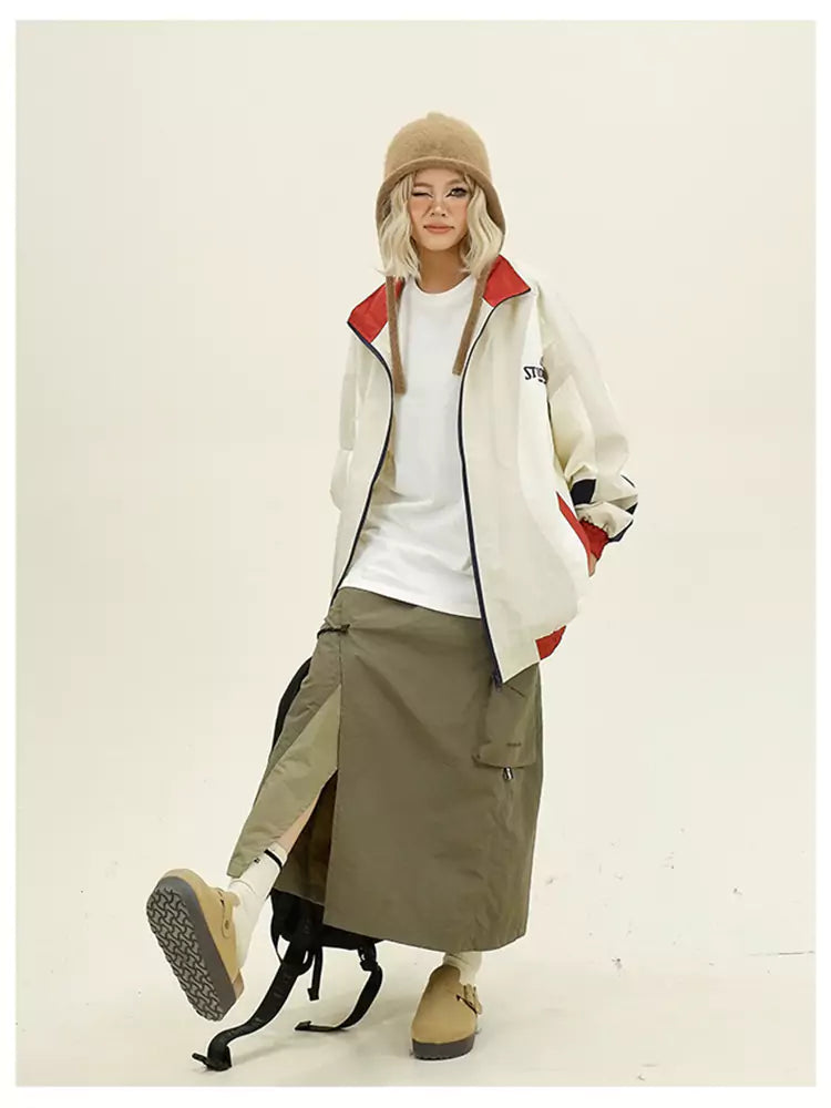 Retro Streetwear Damen Windbreaker-Jacke mit Farbblockmuster