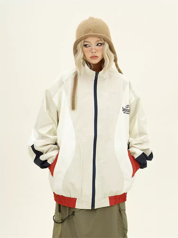 Retro Streetwear Damen Windbreaker-Jacke mit Farbblockmuster