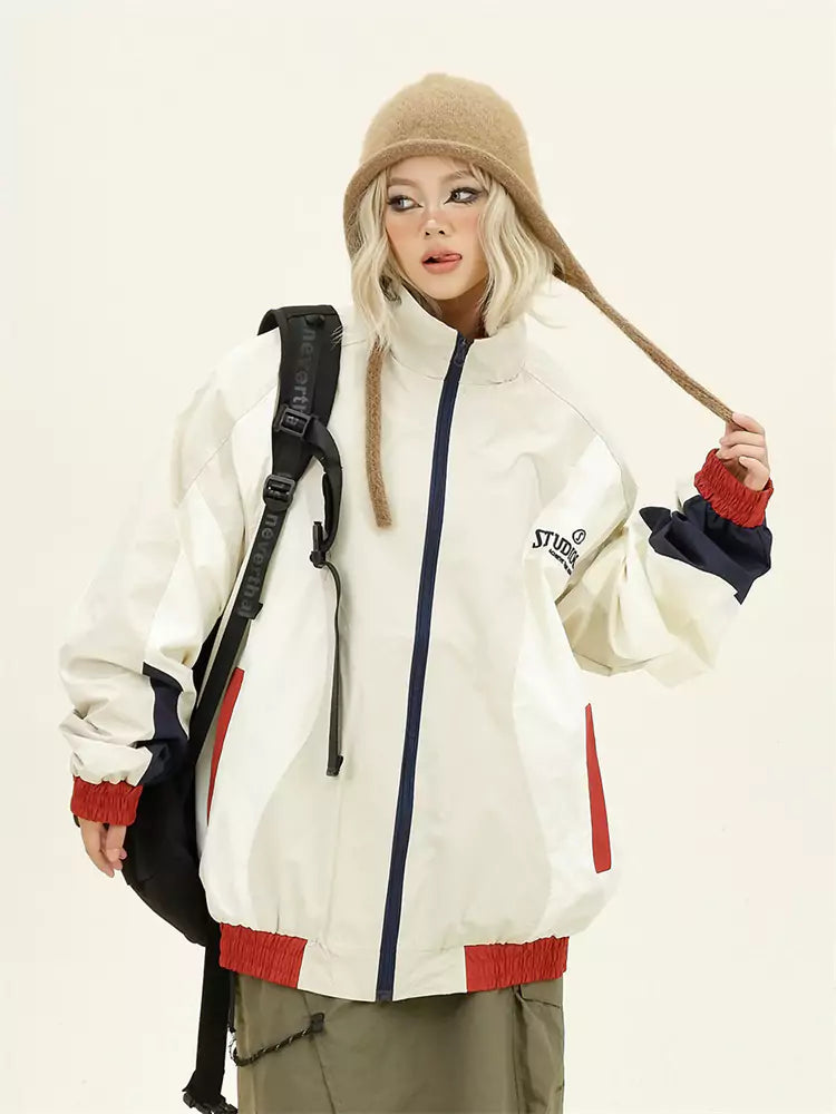 Retro Streetwear Damen Windbreaker-Jacke mit Farbblockmuster