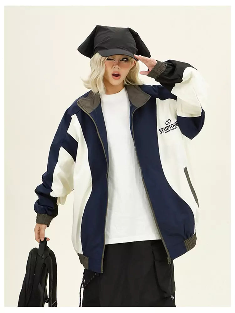 Retro Streetwear Damen Windbreaker-Jacke mit Farbblockmuster