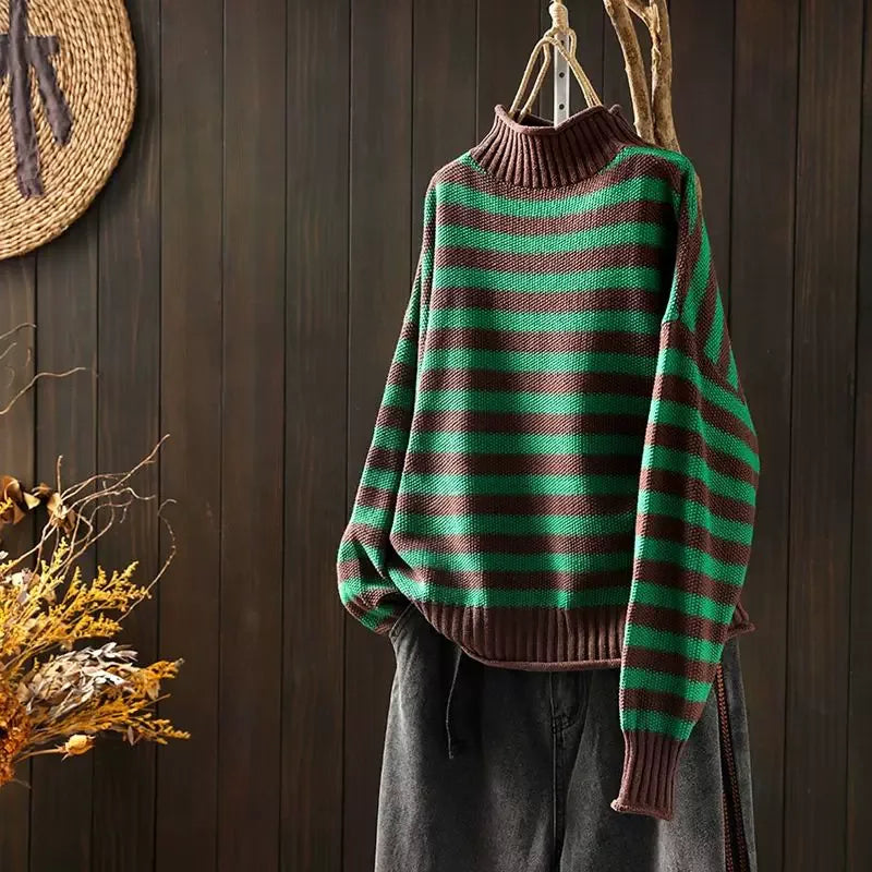 Retro Striped Mock Neck Fleece-Lined Knit Sweater