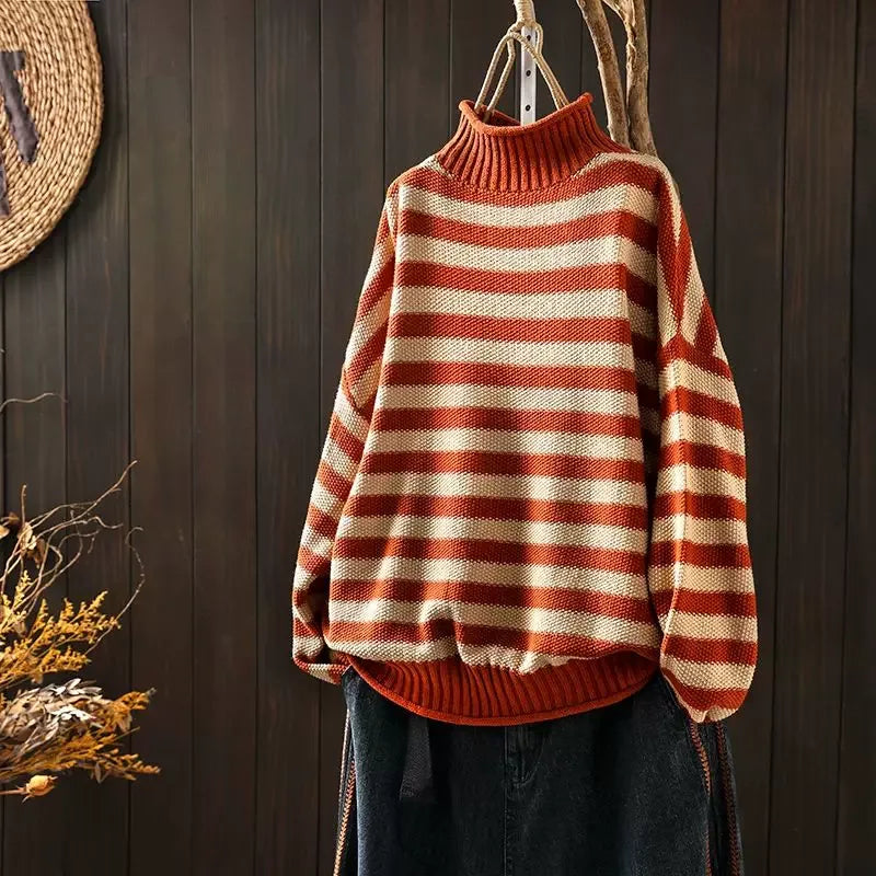 Retro Striped Mock Neck Fleece-Lined Knit Sweater