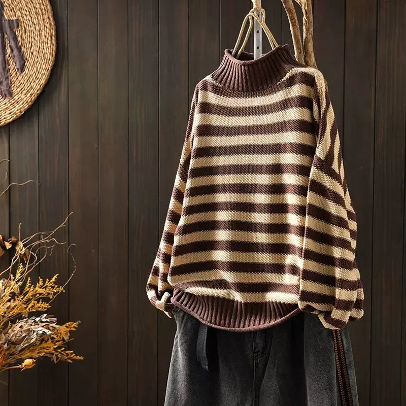 Retro Striped Mock Neck Fleece-Lined Knit Sweater