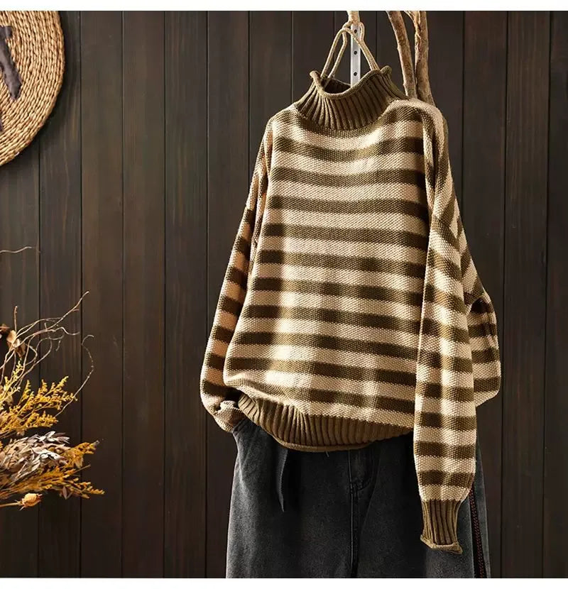 Retro Striped Mock Neck Fleece-Lined Knit Sweater