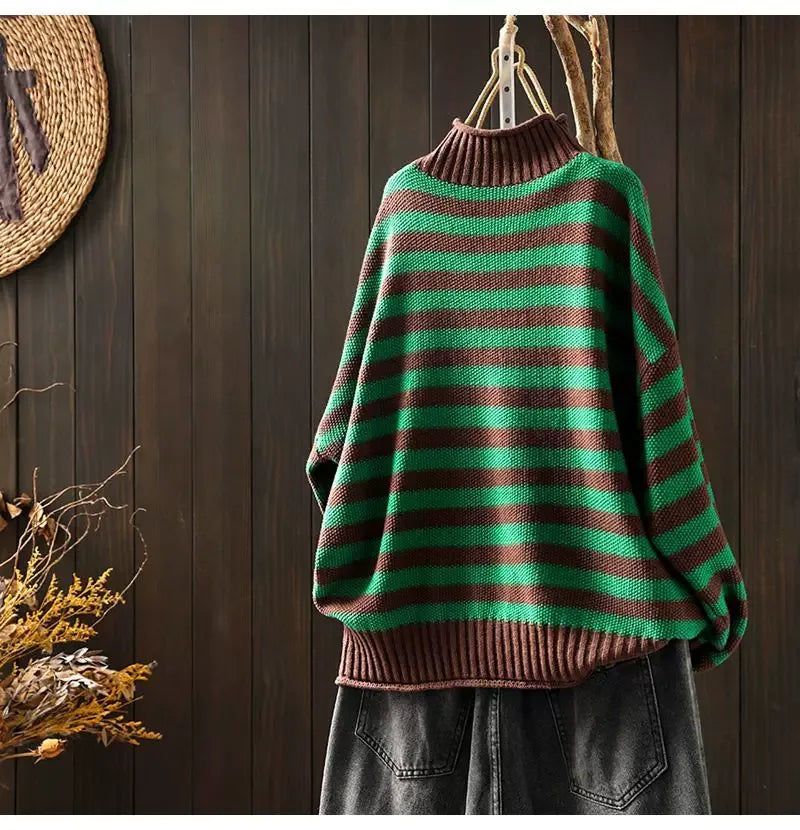Retro Striped Mock Neck Fleece-Lined Knit Sweater