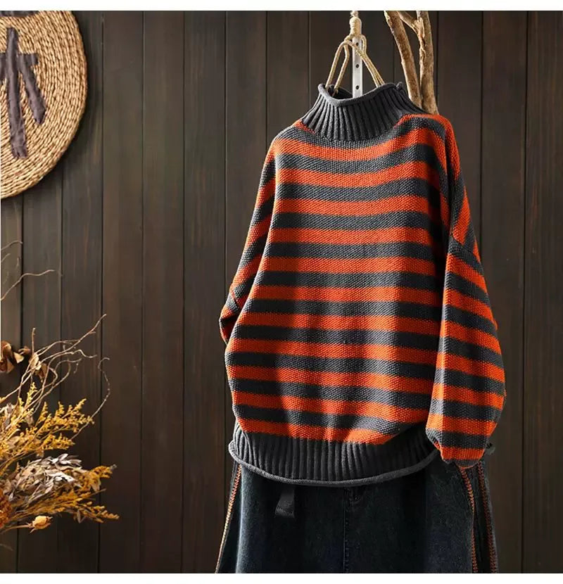 Retro Striped Mock Neck Fleece-Lined Knit Sweater