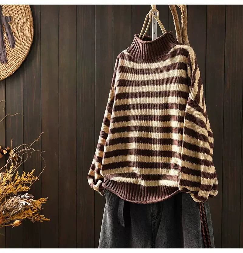 Retro Striped Mock Neck Fleece-Lined Knit Sweater