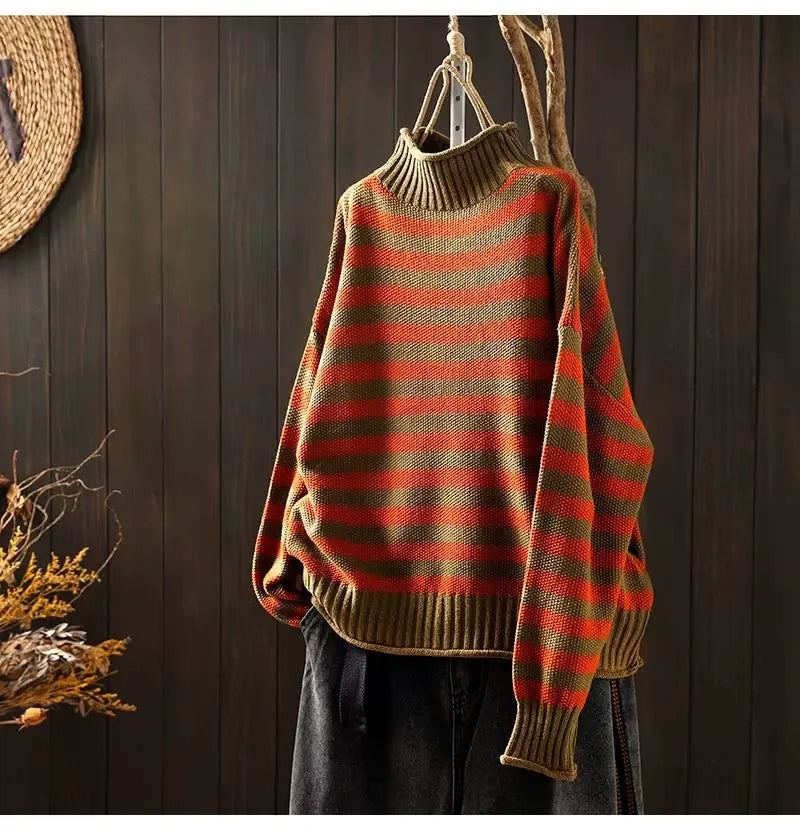 Retro Striped Mock Neck Fleece-Lined Knit Sweater