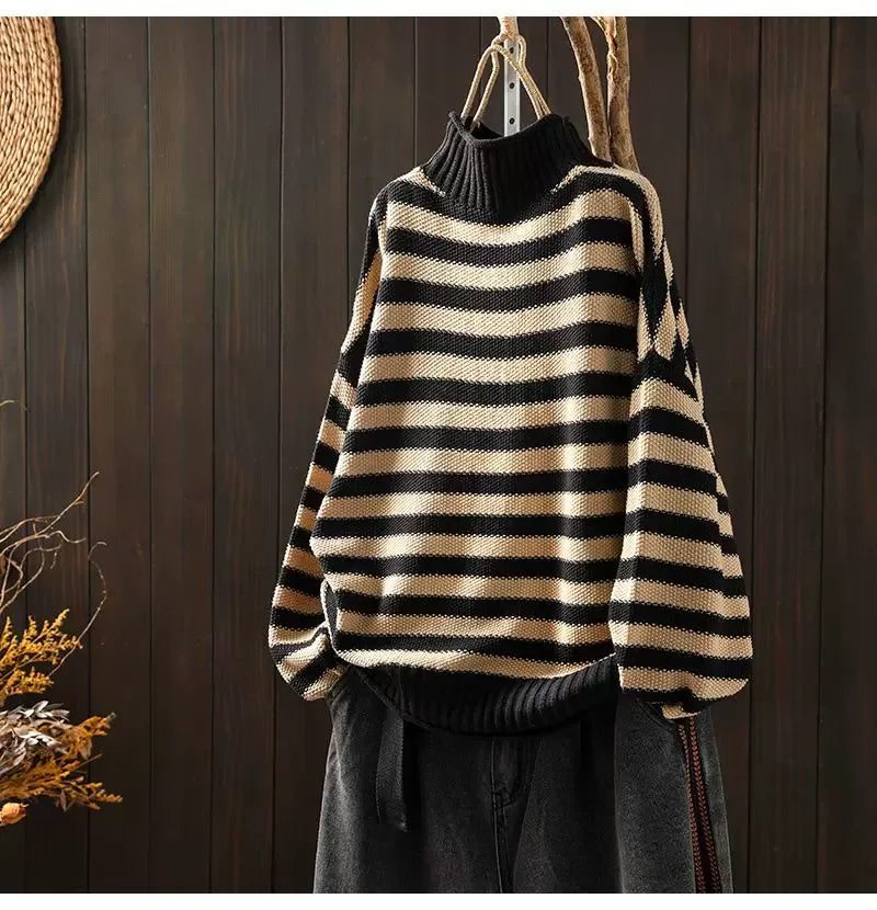 Retro Striped Mock Neck Fleece-Lined Knit Sweater