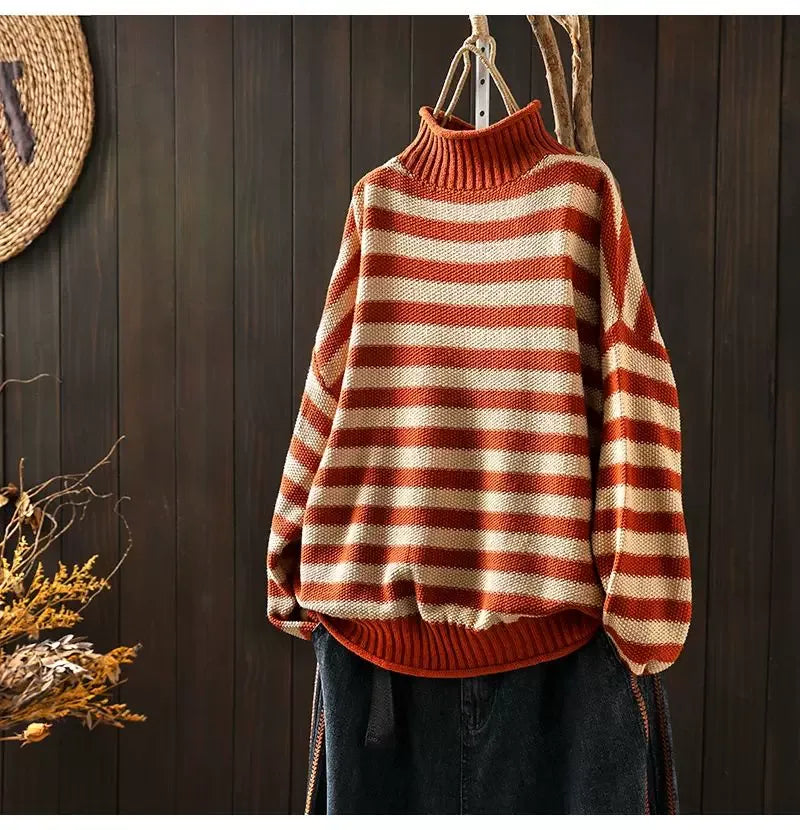 Retro Striped Mock Neck Fleece-Lined Knit Sweater
