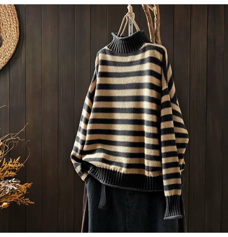Retro Striped Mock Neck Fleece-Lined Knit Sweater