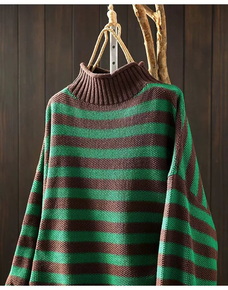 Retro Striped Mock Neck Fleece-Lined Knit Sweater