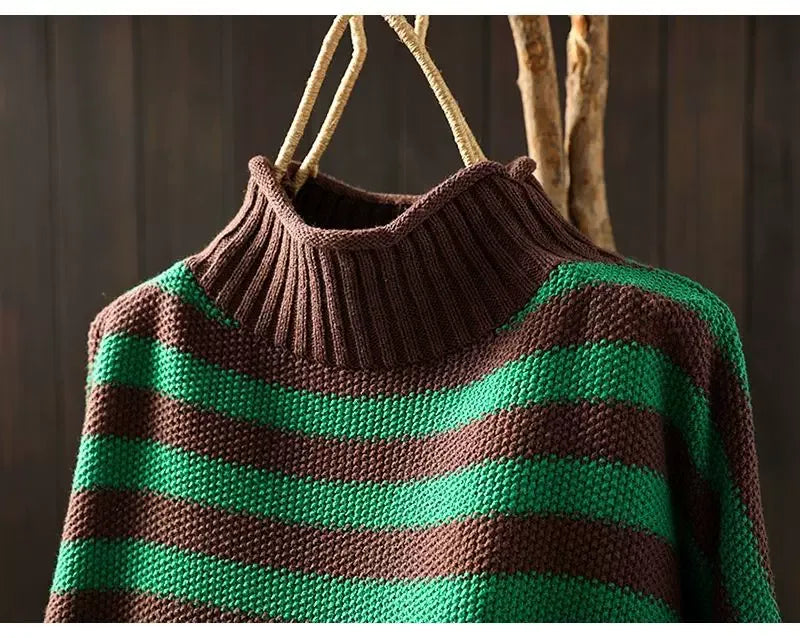 Retro Striped Mock Neck Fleece-Lined Knit Sweater