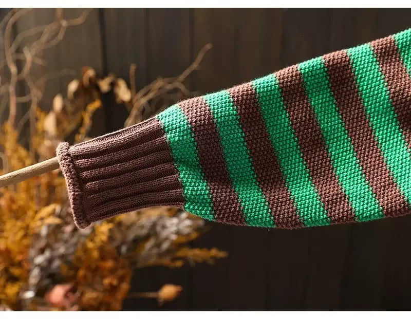 Retro Striped Mock Neck Fleece-Lined Knit Sweater