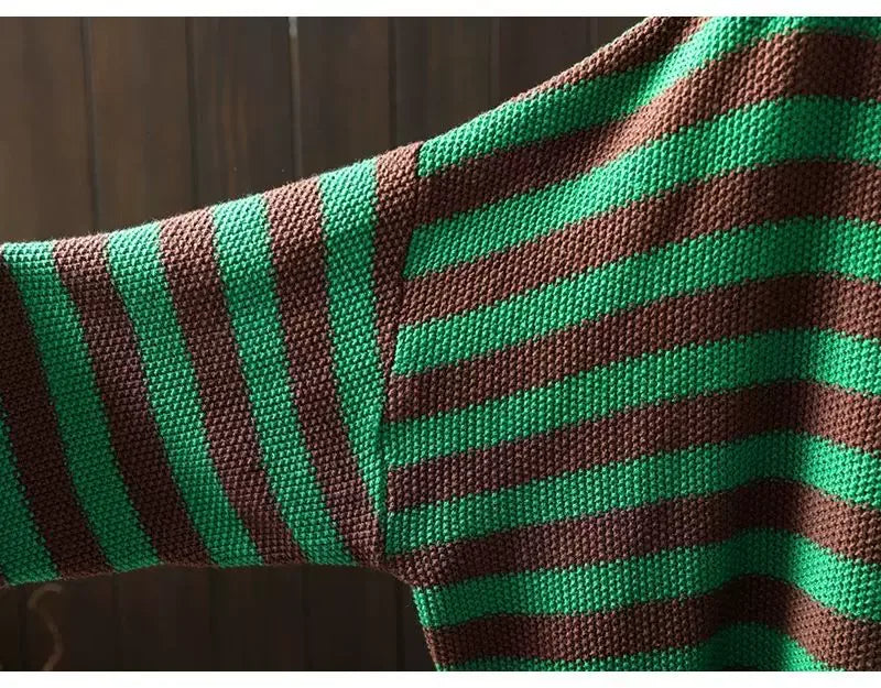Retro Striped Mock Neck Fleece-Lined Knit Sweater