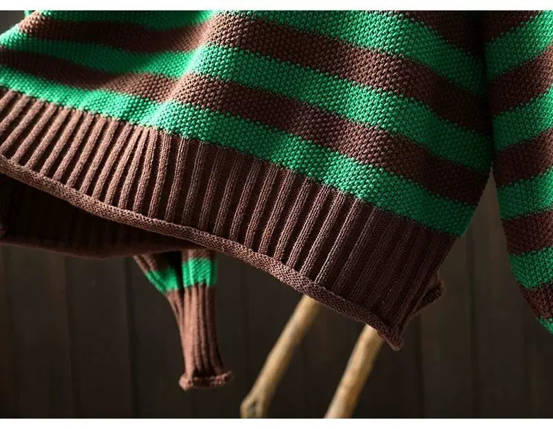 Retro Striped Mock Neck Fleece-Lined Knit Sweater