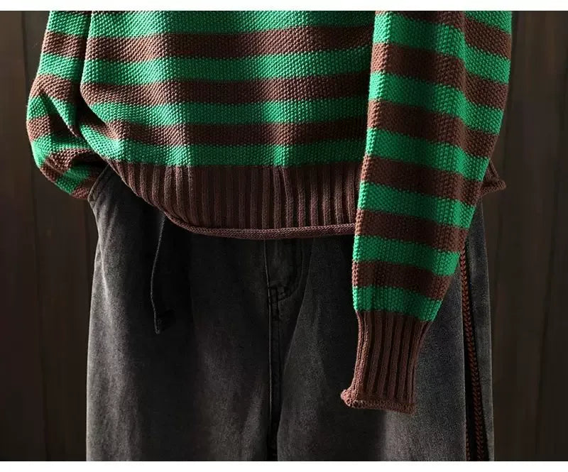 Retro Striped Mock Neck Fleece-Lined Knit Sweater