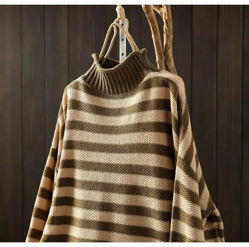 Retro Striped Mock Neck Fleece-Lined Knit Sweater