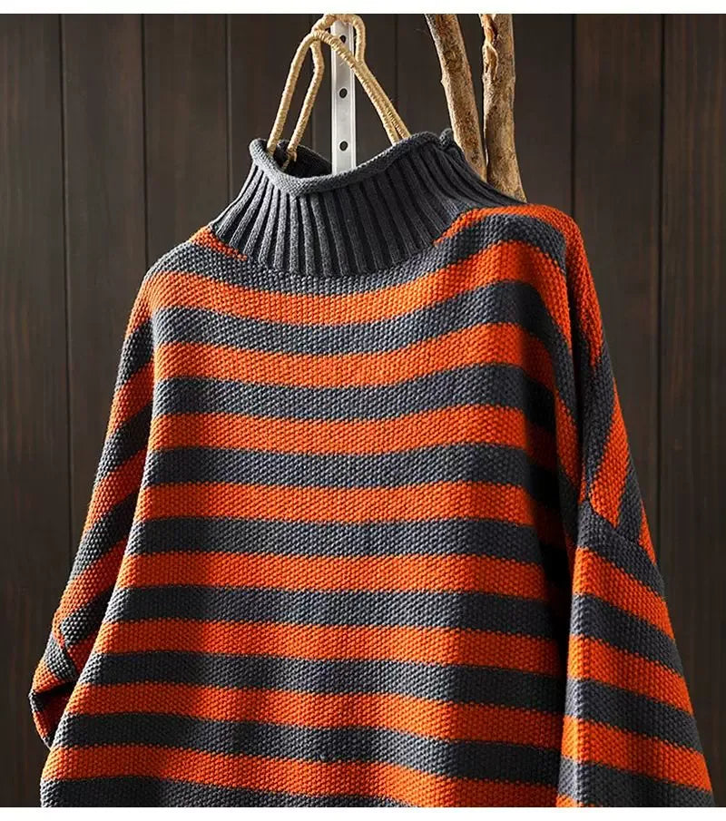 Retro Striped Mock Neck Fleece-Lined Knit Sweater