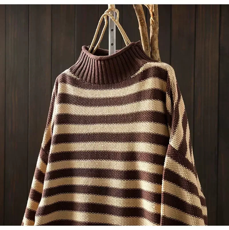 Retro Striped Mock Neck Fleece-Lined Knit Sweater