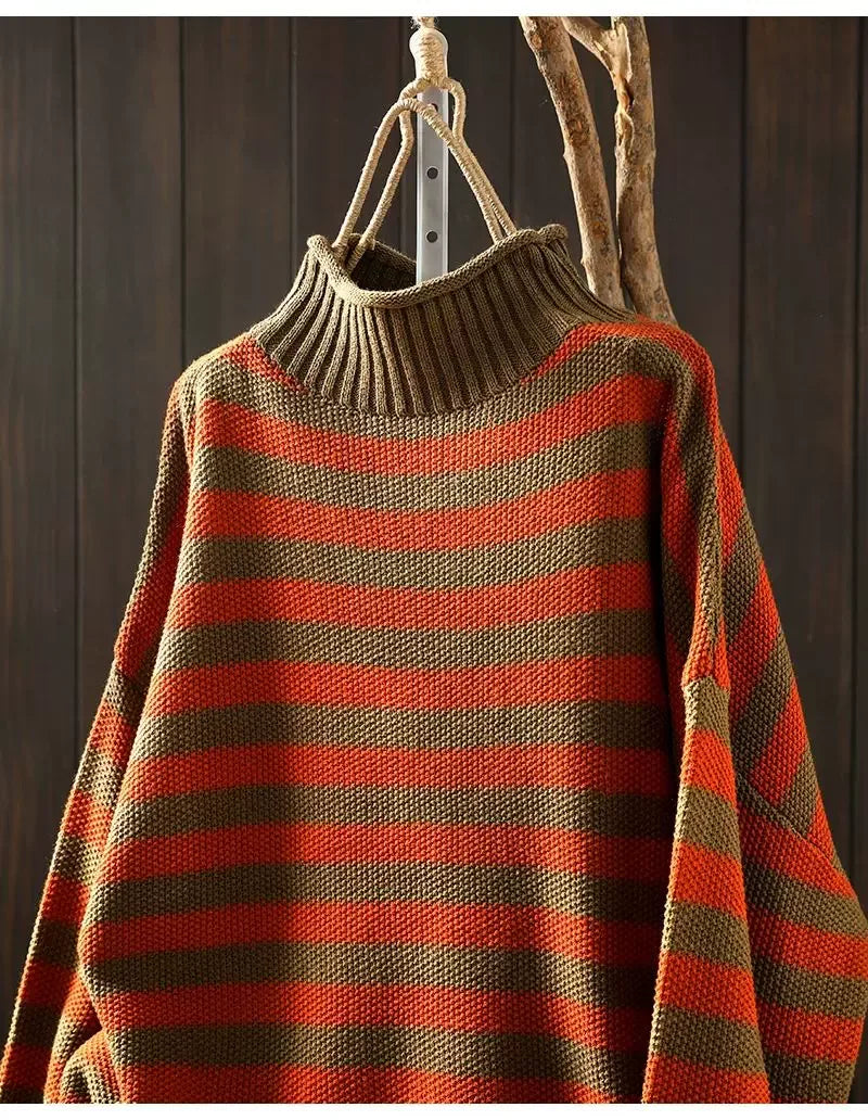 Retro Striped Mock Neck Fleece-Lined Knit Sweater