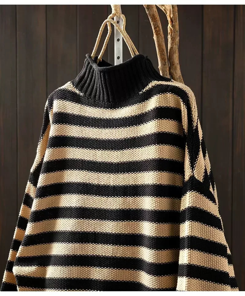 Retro Striped Mock Neck Fleece-Lined Knit Sweater