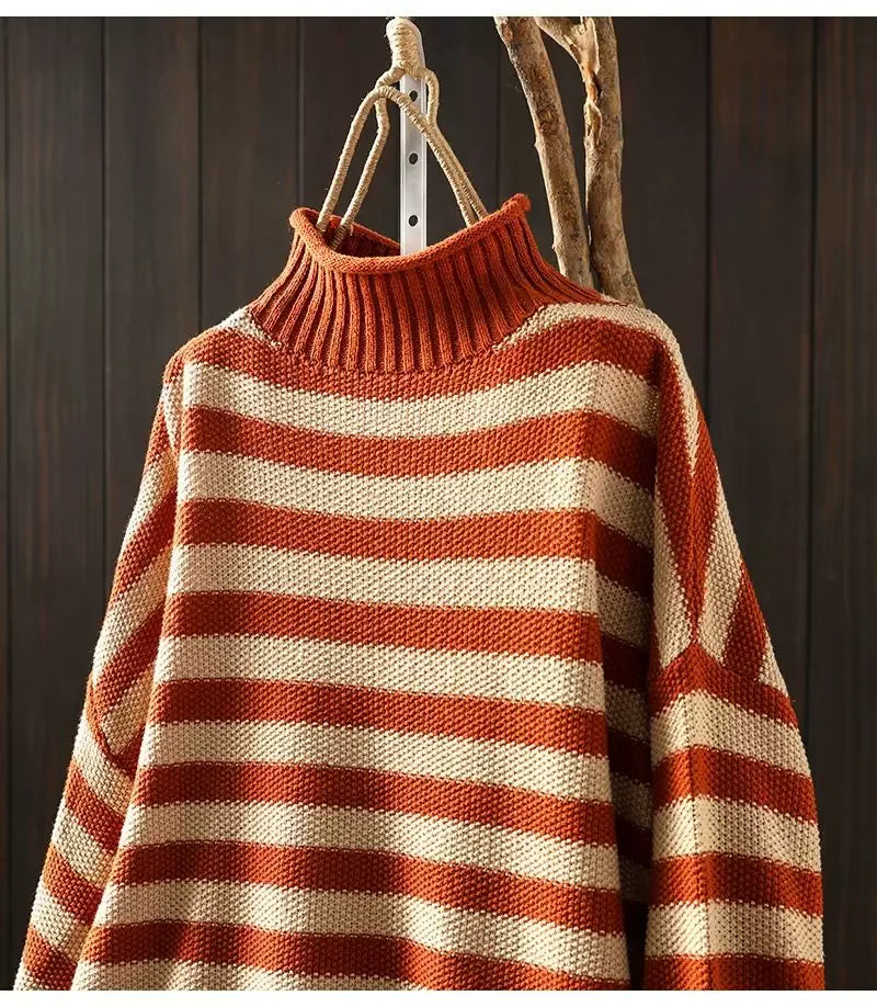 Retro Striped Mock Neck Fleece-Lined Knit Sweater