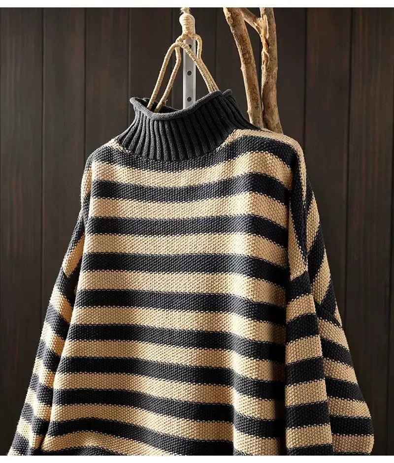 Retro Striped Mock Neck Fleece-Lined Knit Sweater