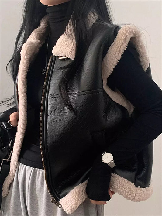 Retro Stylish Turn-down Collar Faux Fur Loose Versatile Zipper Vest