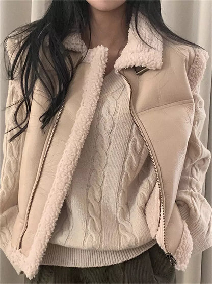 Retro Stylish Turn-down Collar Faux Fur Loose Versatile Zipper Vest