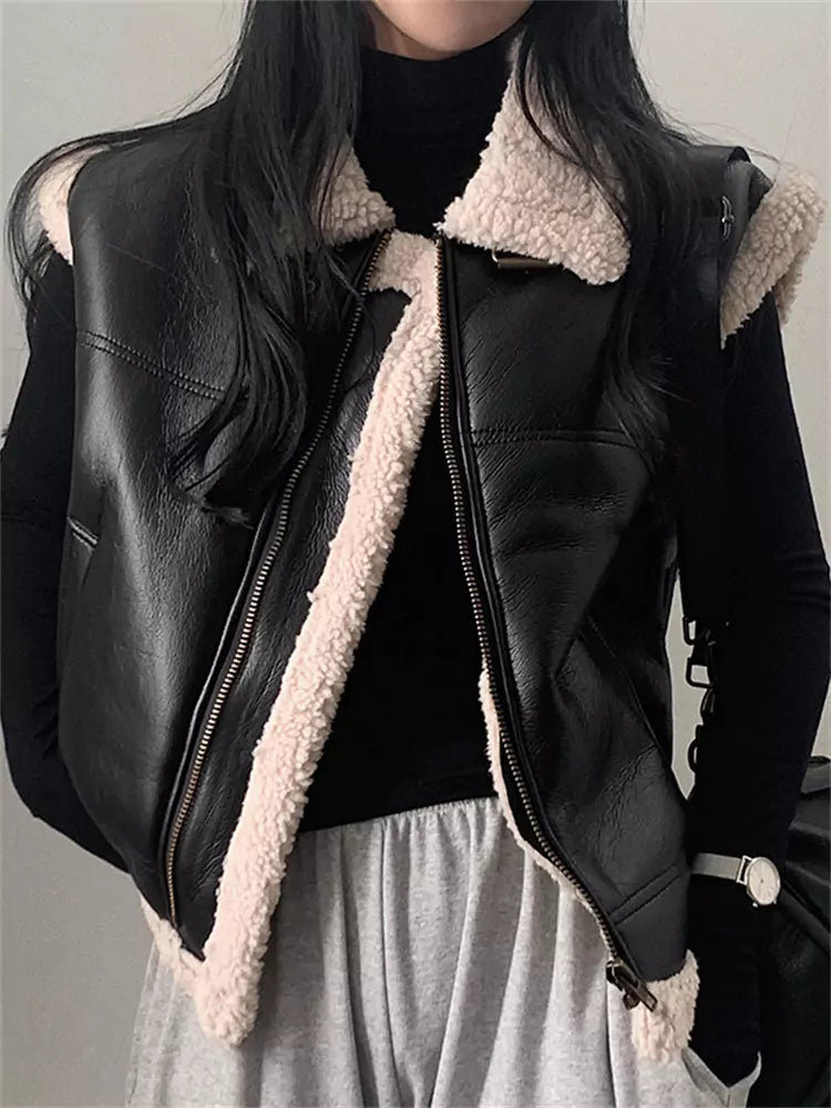 Retro Stylish Turn-down Collar Faux Fur Loose Versatile Zipper Vest