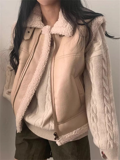 Retro Stylish Turn-down Collar Faux Fur Loose Versatile Zipper Vest