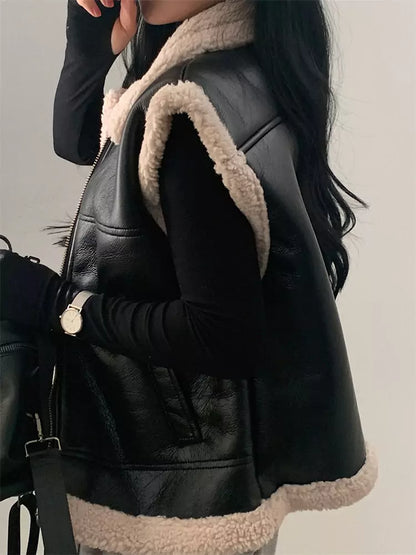 Retro Stylish Turn-down Collar Faux Fur Loose Versatile Zipper Vest