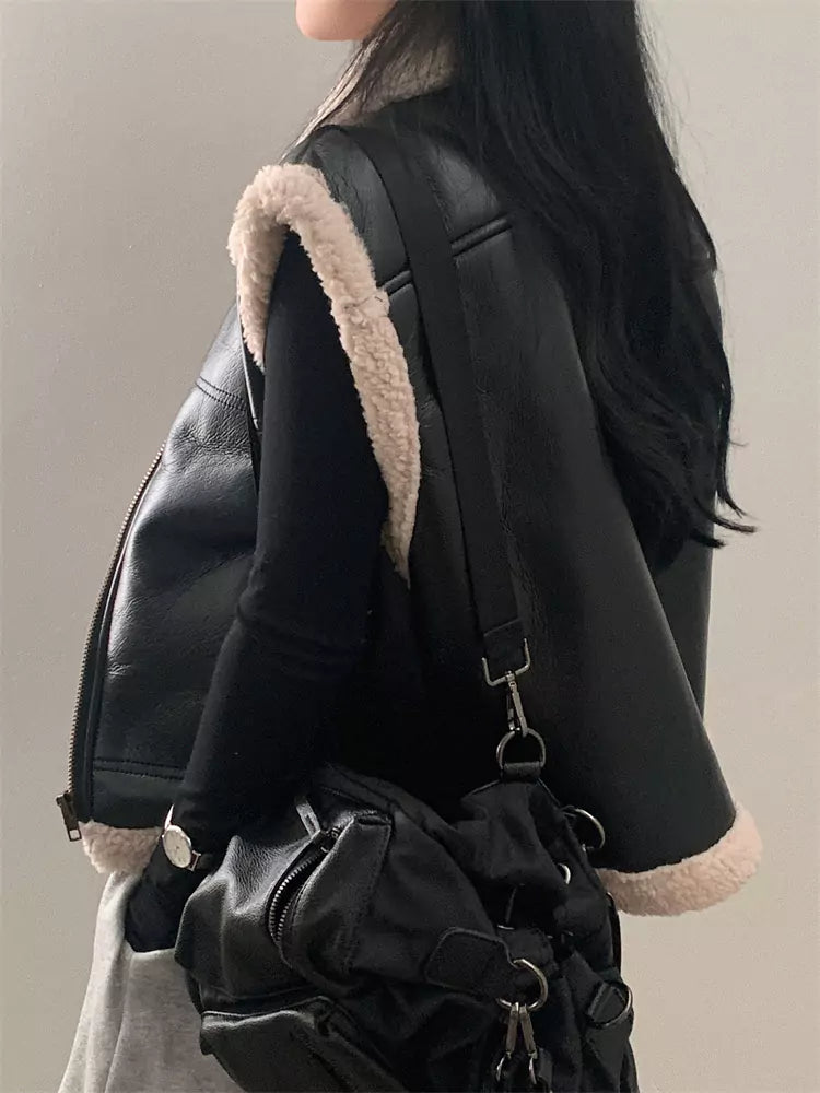 Retro Stylish Turn-down Collar Faux Fur Loose Versatile Zipper Vest