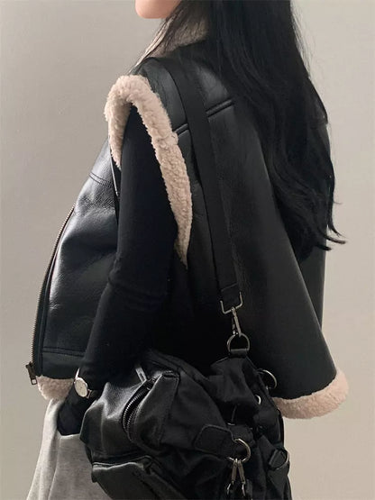 Retro Stylish Turn-down Collar Faux Fur Loose Versatile Zipper Vest