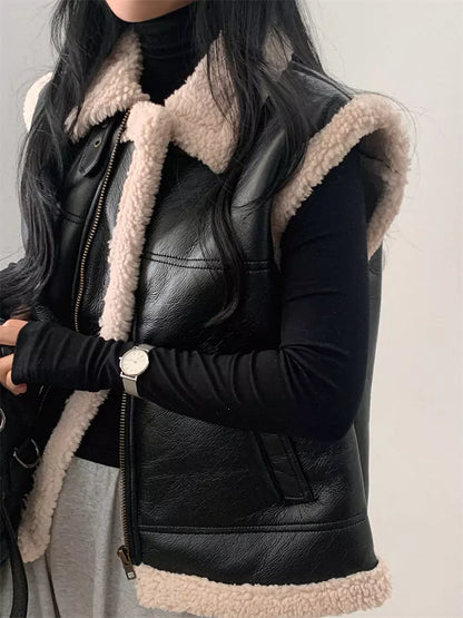 Retro Stylish Turn-down Collar Faux Fur Loose Versatile Zipper Vest