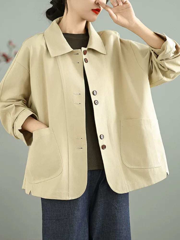Retro Textured Boxy Shirt Collar Patch Pocket Jacket