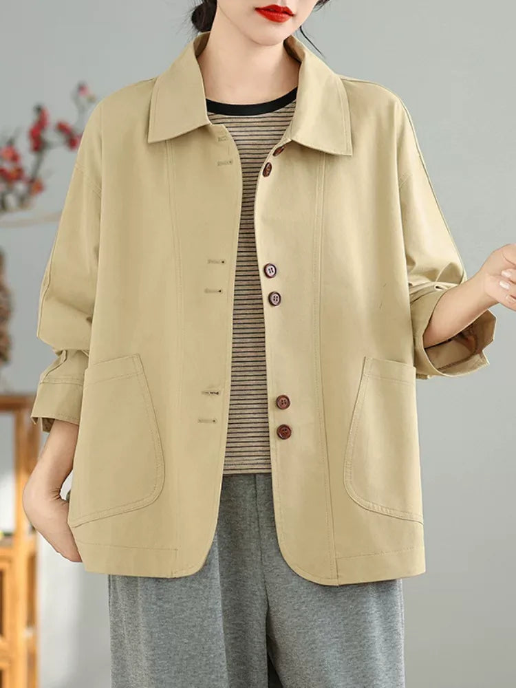 Retro Textured Boxy Shirt Collar Patch Pocket Jacket