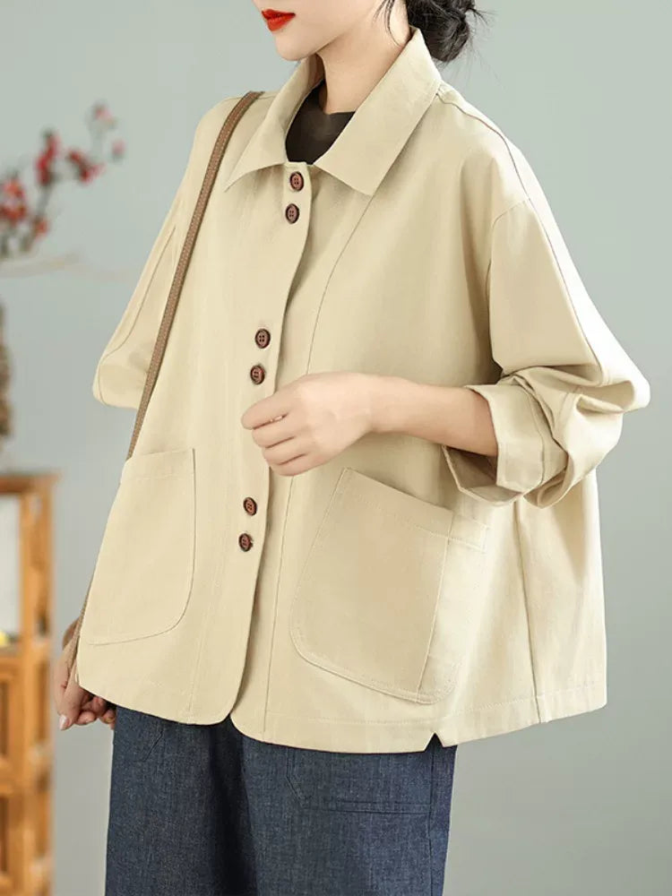 Retro Textured Boxy Shirt Collar Patch Pocket Jacket