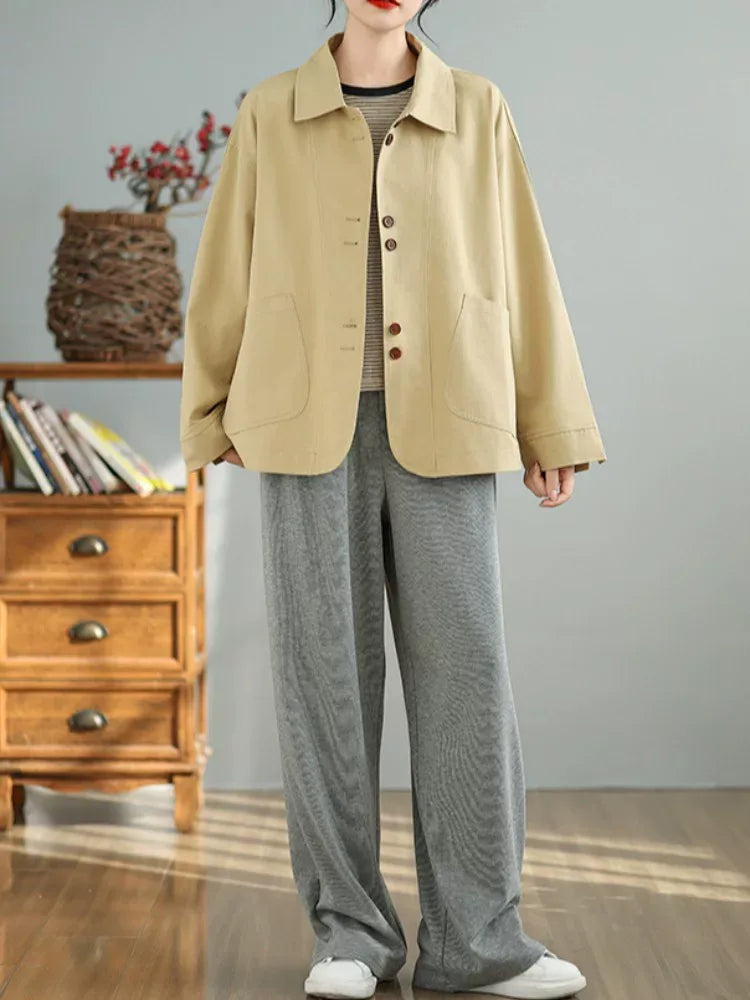 Retro Textured Boxy Shirt Collar Patch Pocket Jacket
