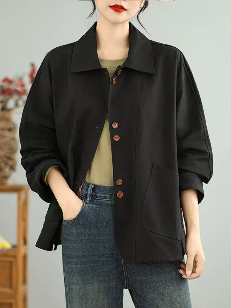 Retro Textured Boxy Shirt Collar Patch Pocket Jacket