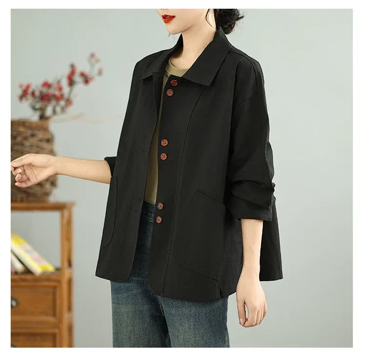 Retro Textured Boxy Shirt Collar Patch Pocket Jacket