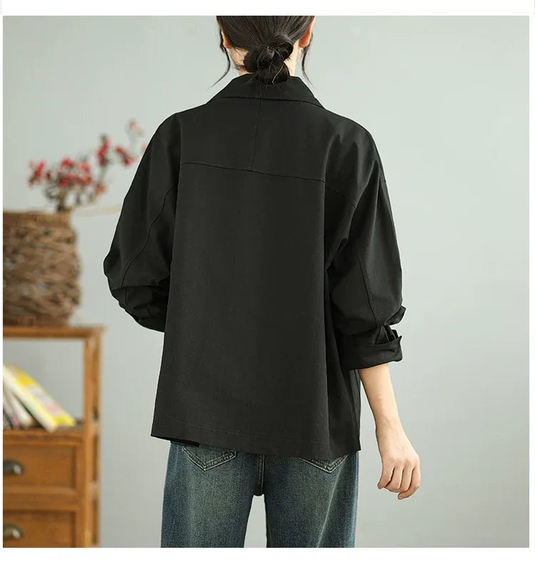 Retro Textured Boxy Shirt Collar Patch Pocket Jacket