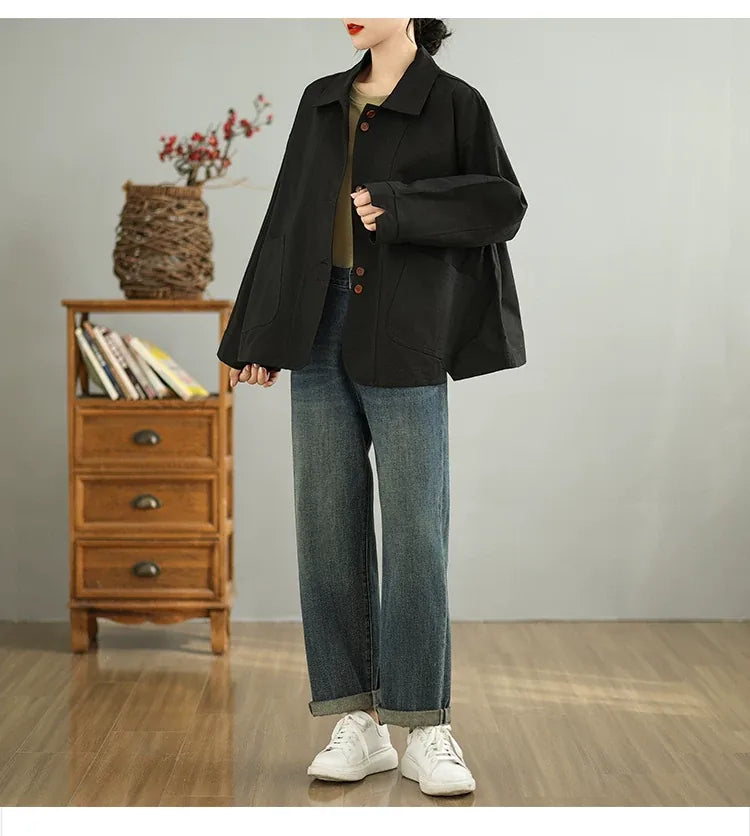 Retro Textured Boxy Shirt Collar Patch Pocket Jacket