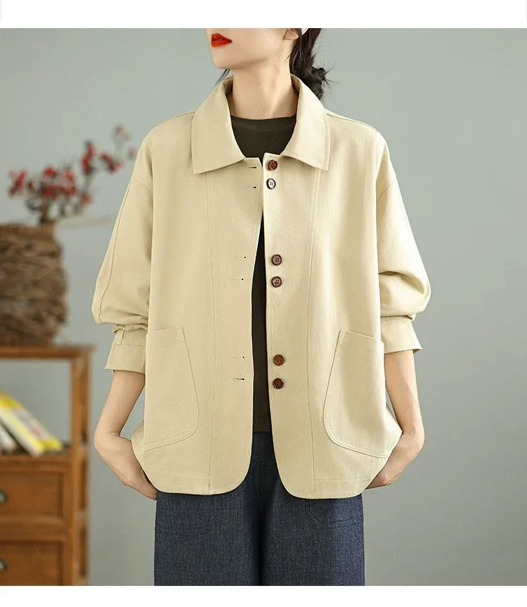 Retro Textured Boxy Shirt Collar Patch Pocket Jacket