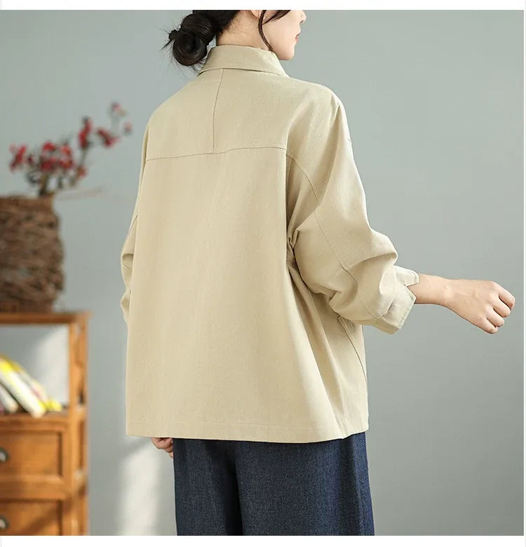 Retro Textured Boxy Shirt Collar Patch Pocket Jacket